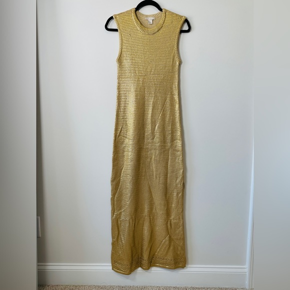 H&M Silk Blend Maxi Length Gold Metallic Knit Vest Dress W/ Side Slits Size 4 - Picture 3 of 12